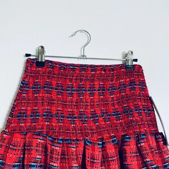 Aqua Red Patterned Smocked A-Line Mini Skirt with Blue Accents - Picture 4 of 10